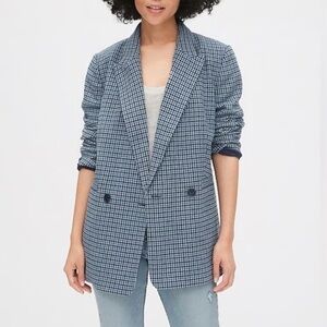 GAP Classic Blue Houndstooth Girlfriend Blazer Wool Blend Double Breasted